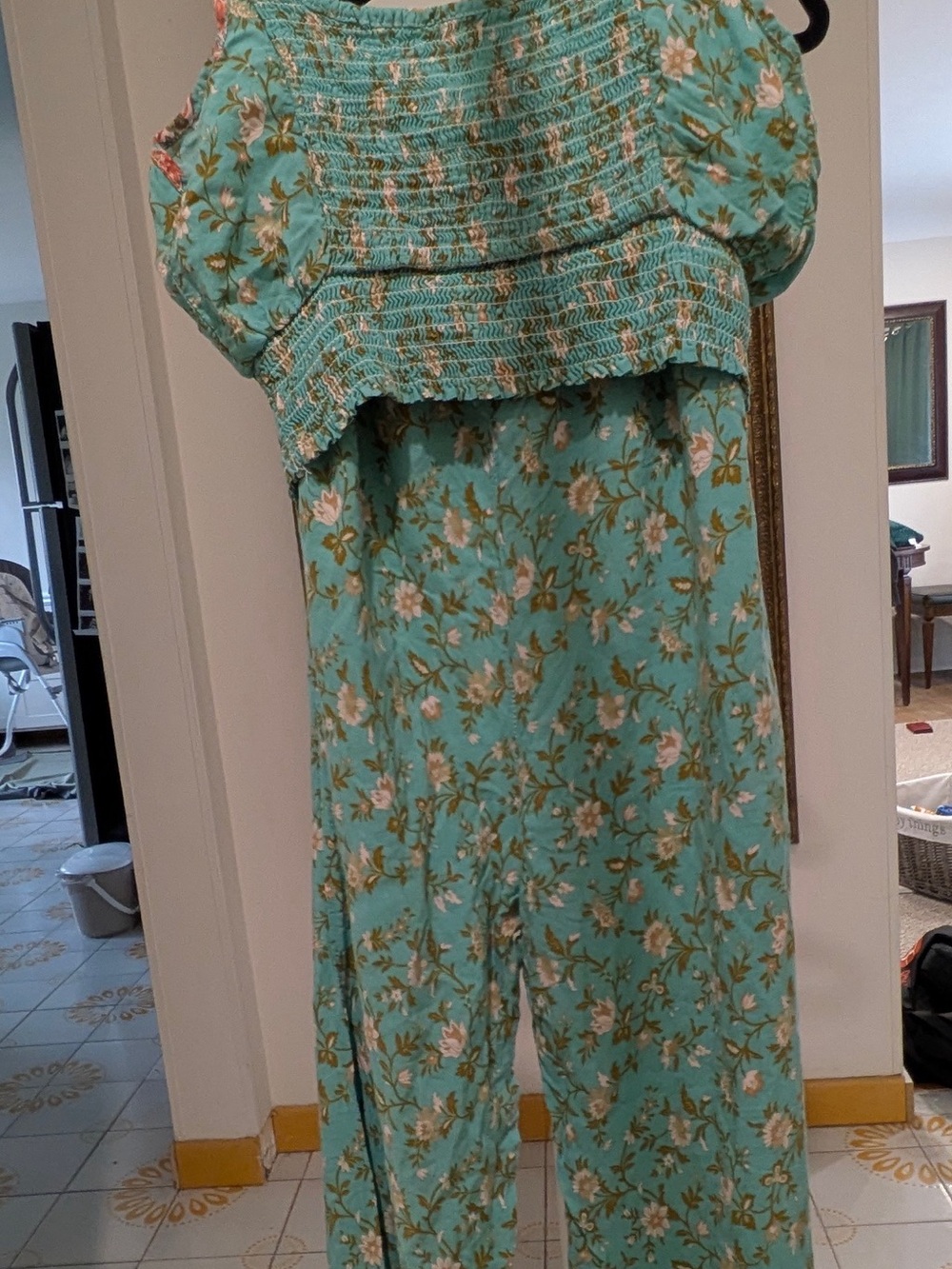 Smocked Floral Wide-Leg 2 piece set in Aqua